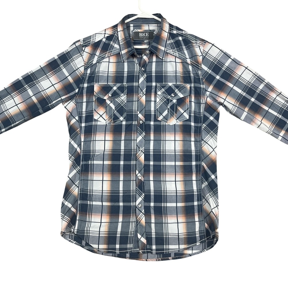 BKE Shirt Mens Medium Blue Orange Plaid Western Pearl Snap Polyester Casual
